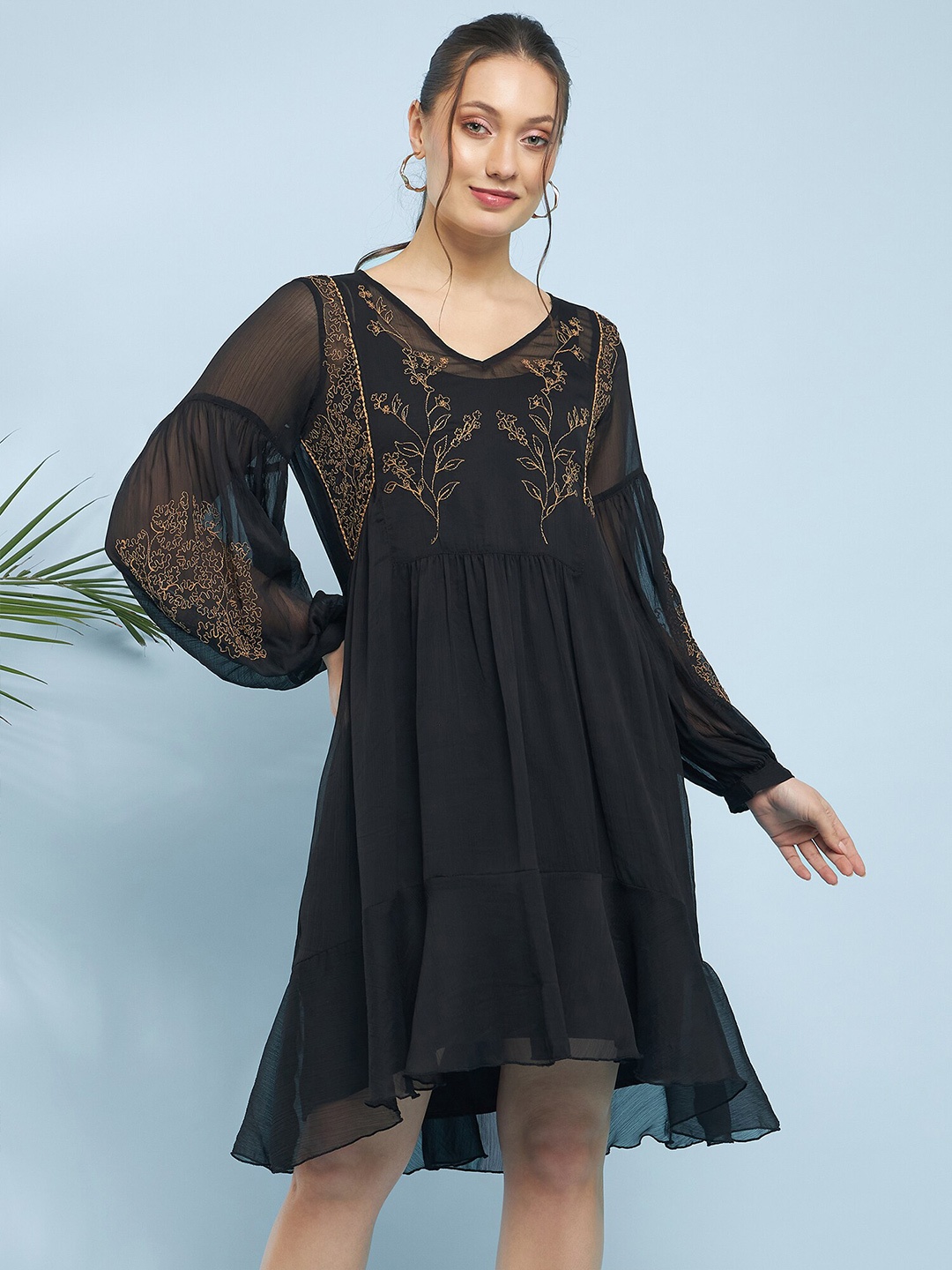 

Antheaa Black Embroidered Flared Bell Sleeve A-Line Dress