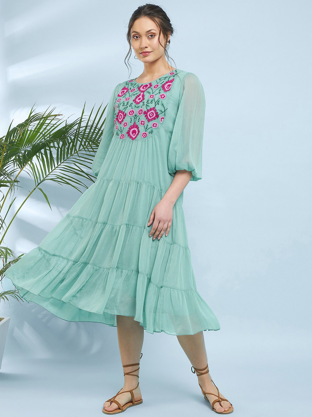 

Antheaa Floral Embroidered Fit and Flare Midi Dress, Green