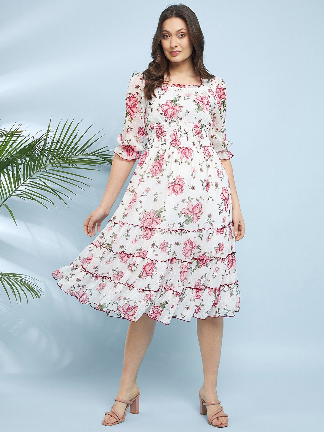 

Antheaa Floral Printed Fit & Flare Dress, Off white