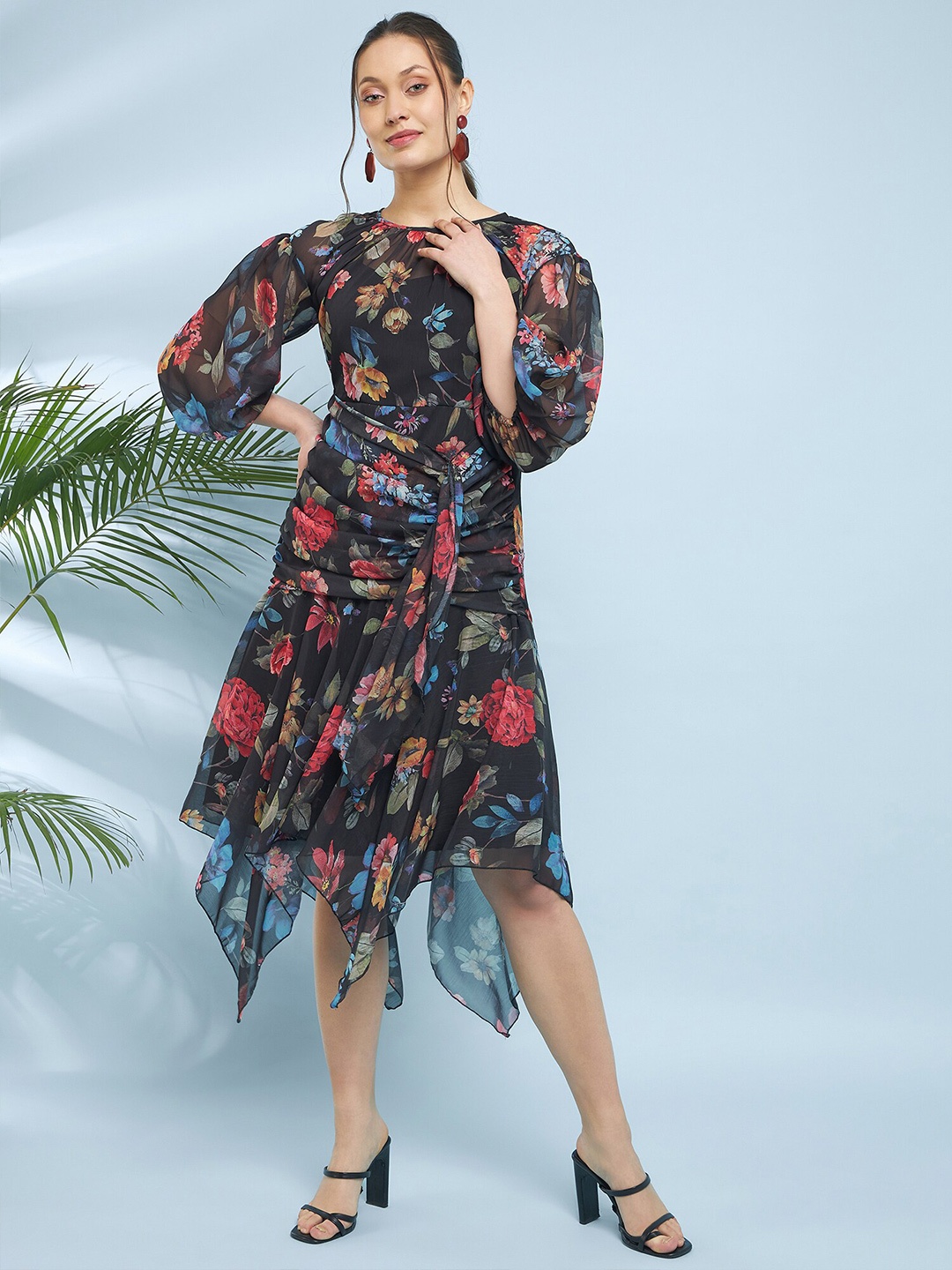 

Antheaa Black Floral Printed Puff Sleeve Fit & Flare Midi Dress