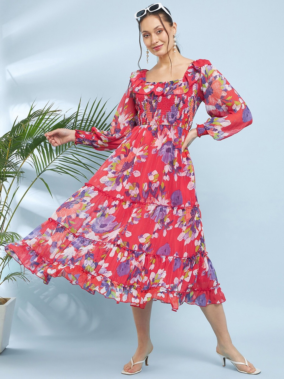 

Antheaa Floral Printed Puff Sleeve Chiffon A-Line Midi Dress, Orange