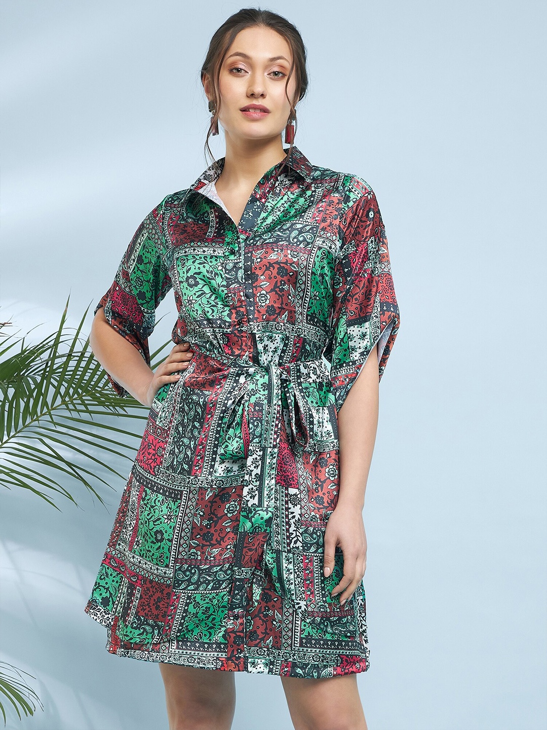 

Antheaa Tropical Printed Shirt Collar Satin Fit & Flare Dress, Green