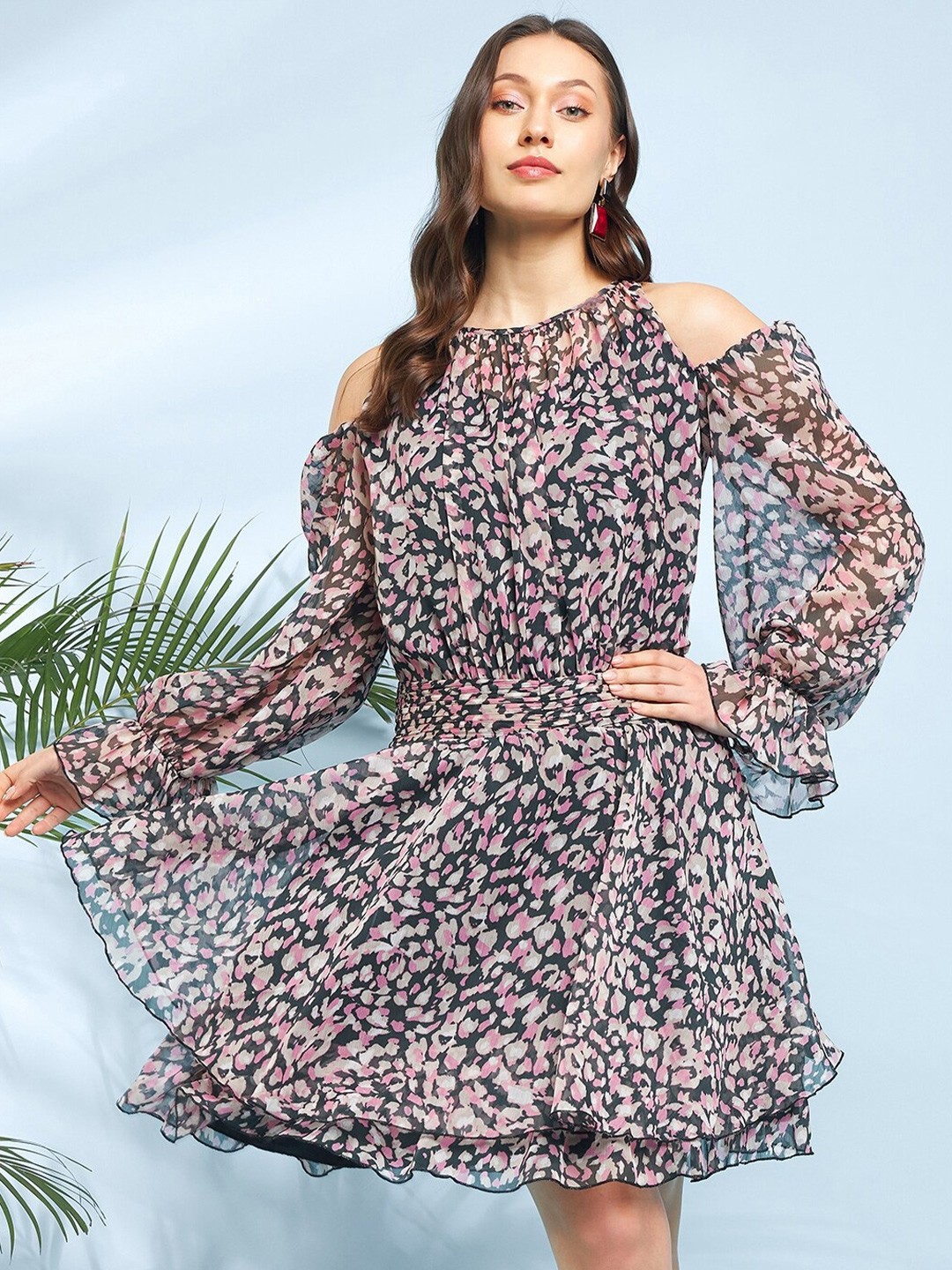 

Antheaa Black Pink Animal Printed Cold-Shoulder Blouson Dress