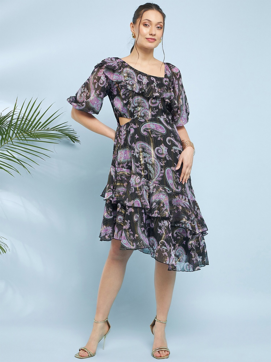 

Antheaa Floral Printed Flared Sleeve Fit & Flare Dress, Black