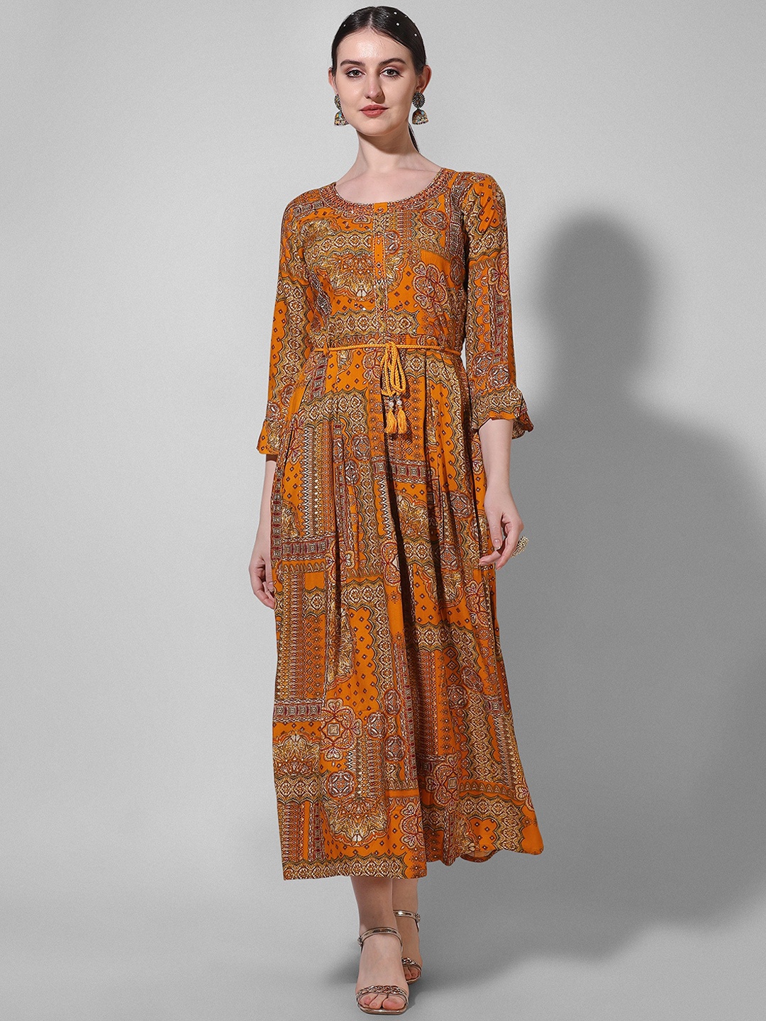 

KALINI Floral Printed Fit & Flare Maxi Ethnic Dress, Mustard