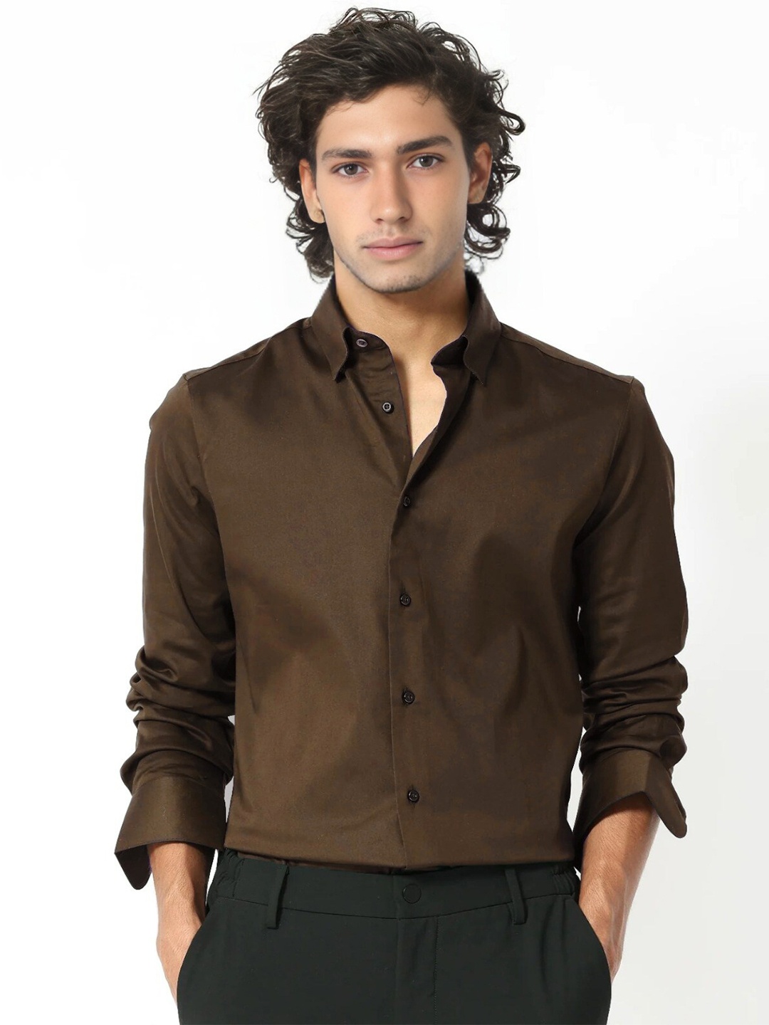 

MISCHIEF MONKEY Classic Tailored Fit Cotton Casual Shirt, Brown