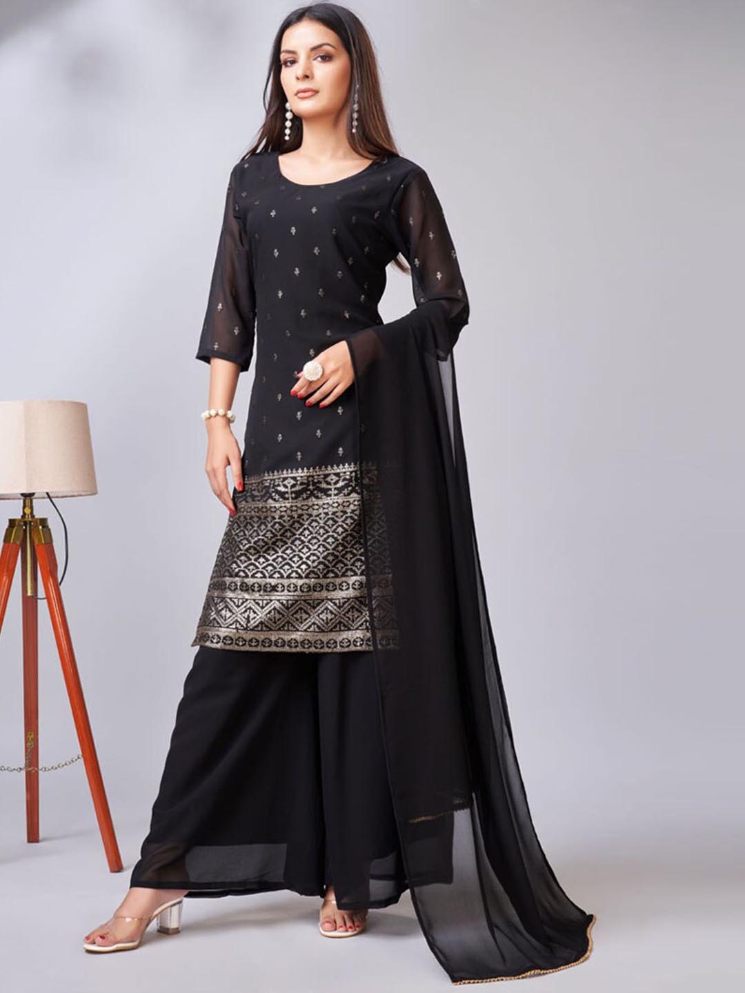 

ASISA Floral Embroidered Sequinned Round Neck Straight Kurta with Palazzos & Dupatta, Black