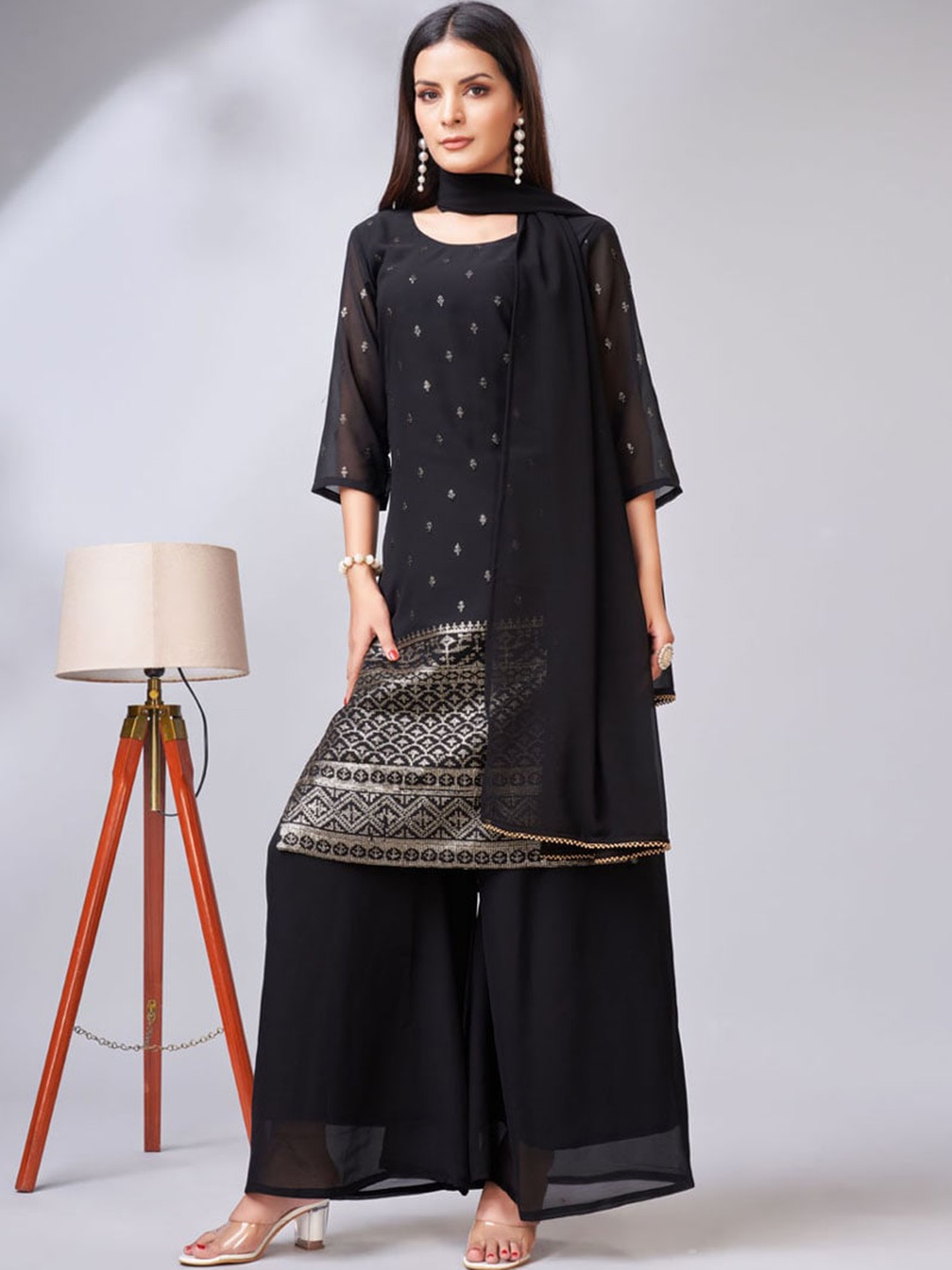 

ASISA Floral Embroidered Sequinned Round Neck Straight Kurta with Palazzos & Dupatta, Purple