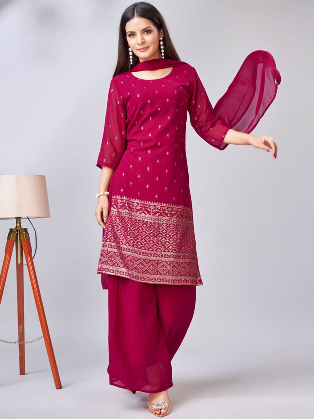 

ASISA Floral Embroidered Sequinned Round Neck Straight Kurta with Palazzos & Dupatta, Magenta