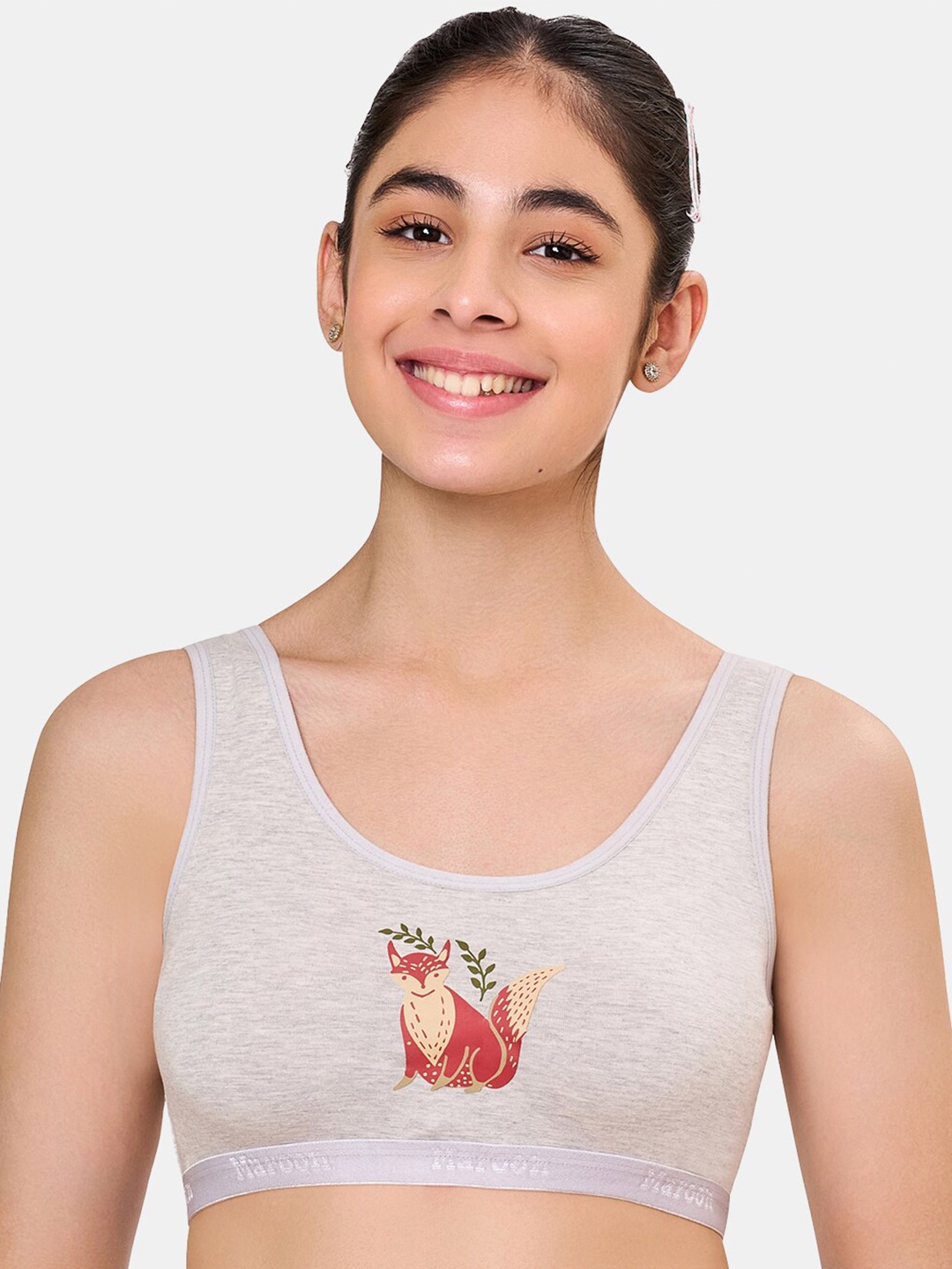 

MAROON Girls Printed Non-Padded Cotton Beginners Bra - Full Coverage, Grey