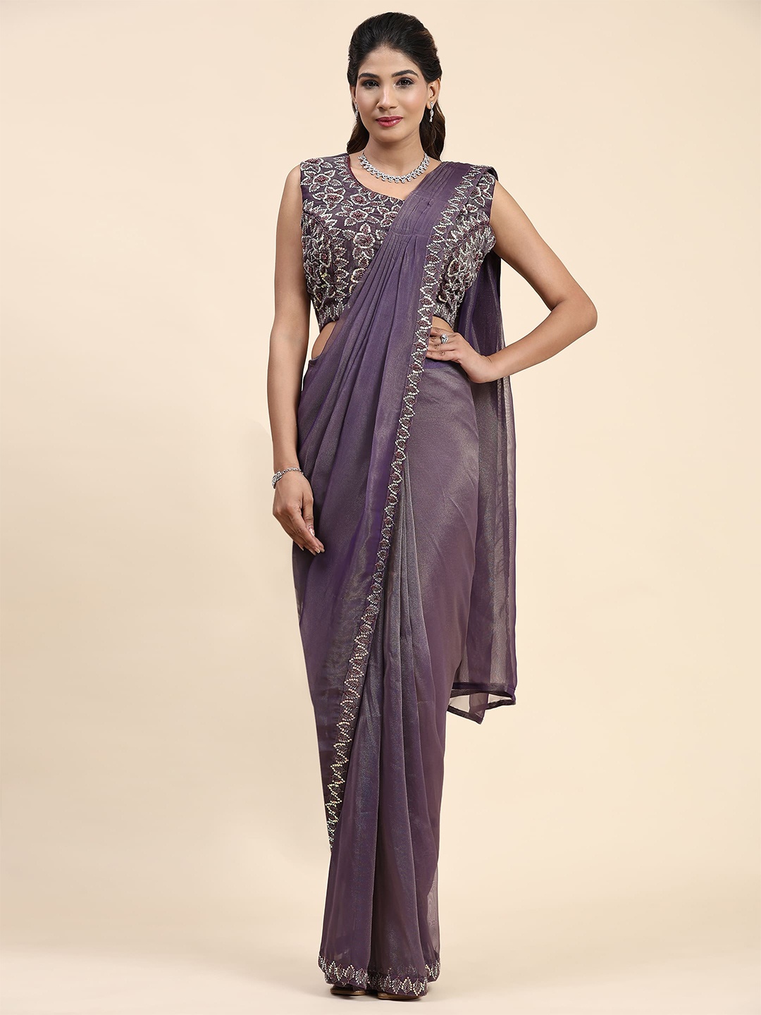 

AMOHA TRENDZ Embellished Sequinned Ready to Wear Saree, Purple