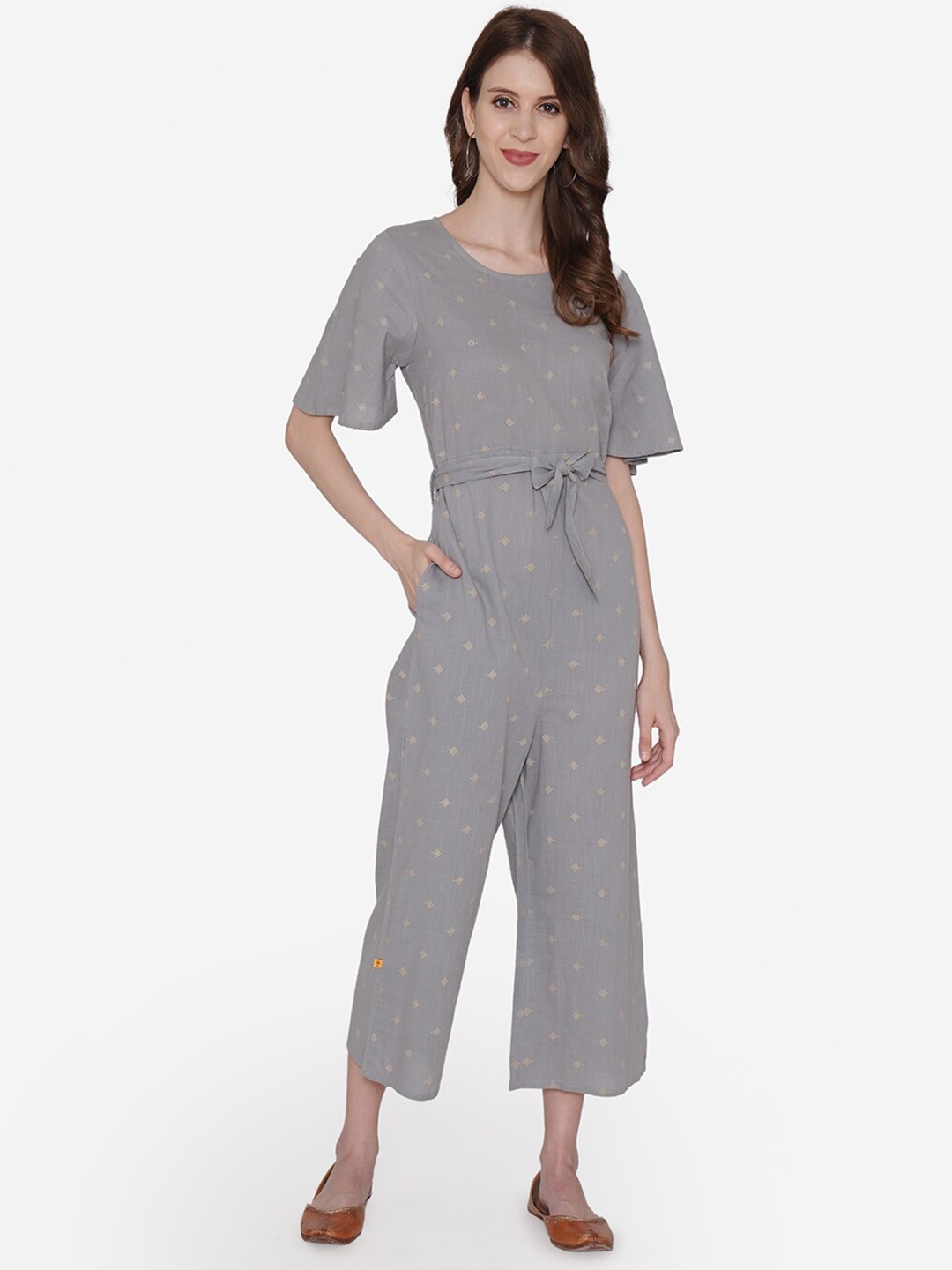 

Vedic Printed Waist Tie-Ups Cotton Basic Jumpsuit, Grey