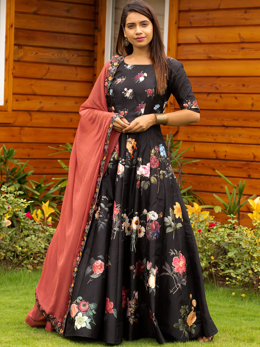 

Zeel Clothing Floral Printed Maxi Ethnic Gown Dress With Dupatta, Black