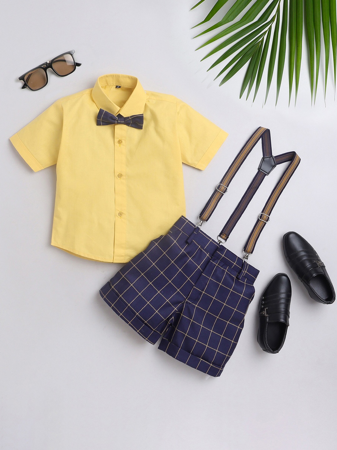 

BAESD Boys Checked Short Sleeves Shirt With Shorts Bow & Suspenders, Navy blue
