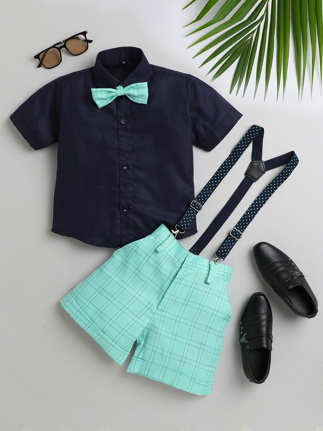 

BAESD Boys Checked Silk Cotton Shirt with Shorts & Suspenders, Sea green