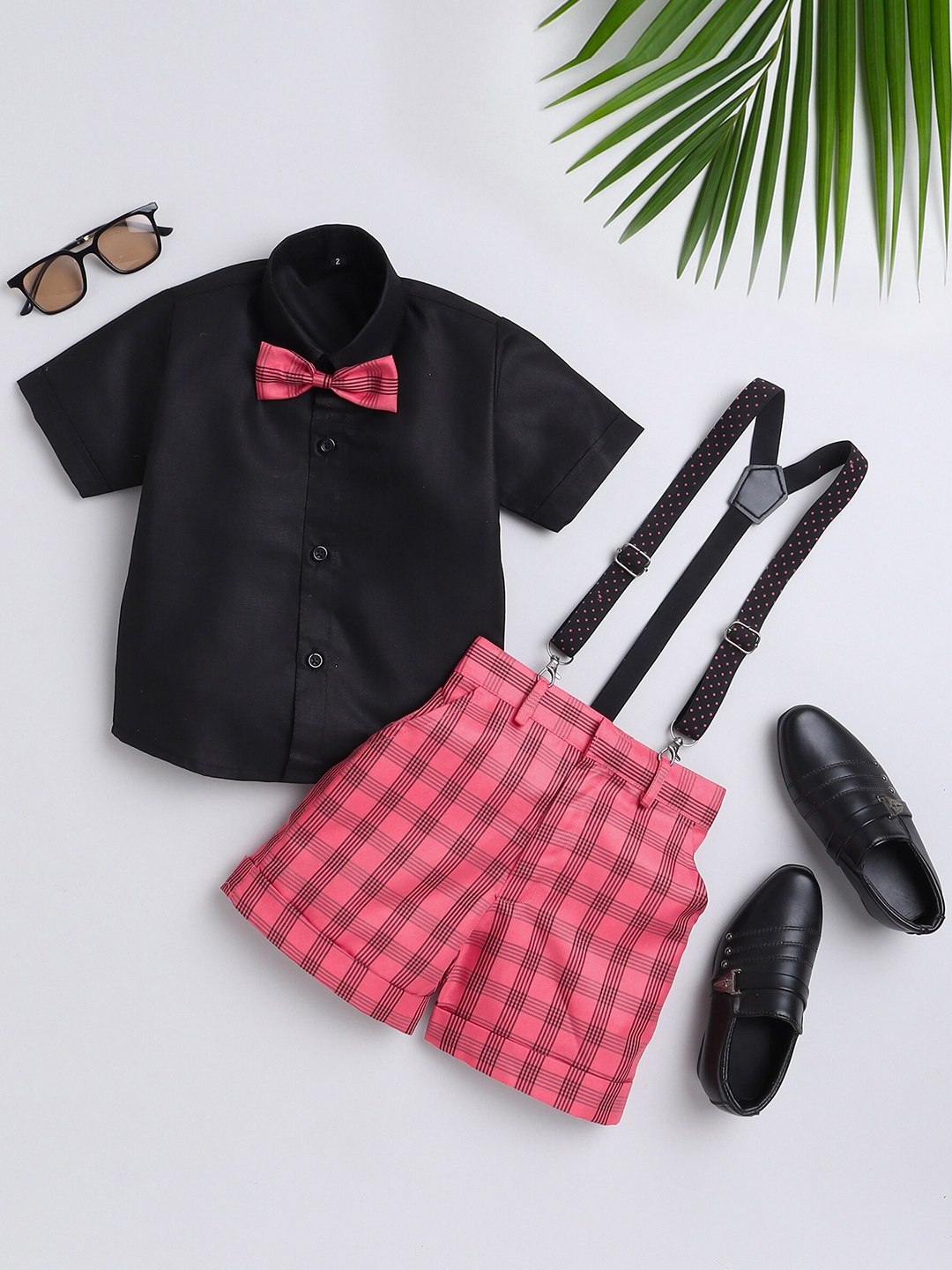 

BAESD Boys Checked Short Sleeves Shirt With Shorts Bow & Suspenders, Red