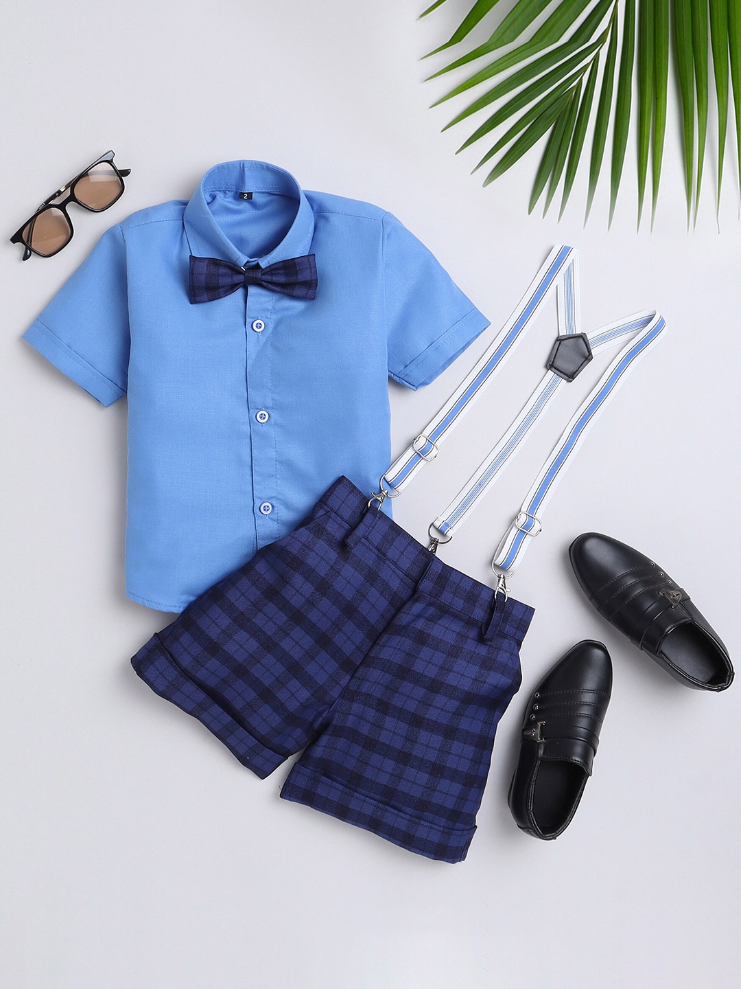 

BAESD Boys Checked Silk Cotton Shirt with Shorts & Suspenders, Blue