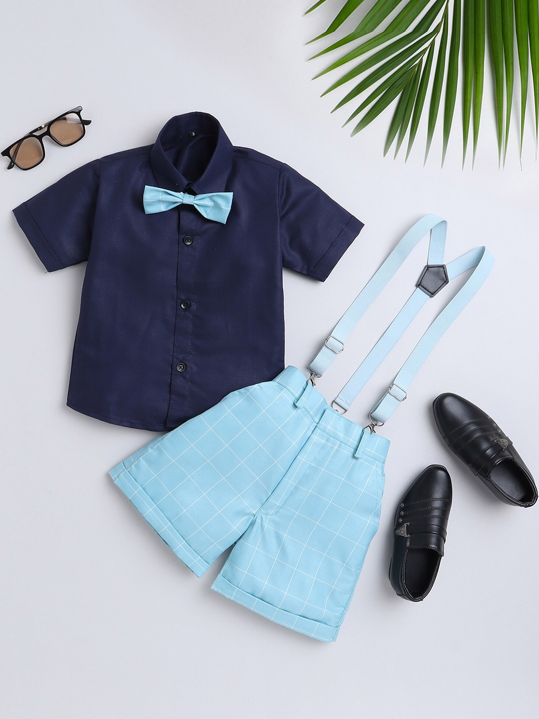 

BAESD Boys Short Sleeves Clothing Set With Suspenders & Bow, Blue