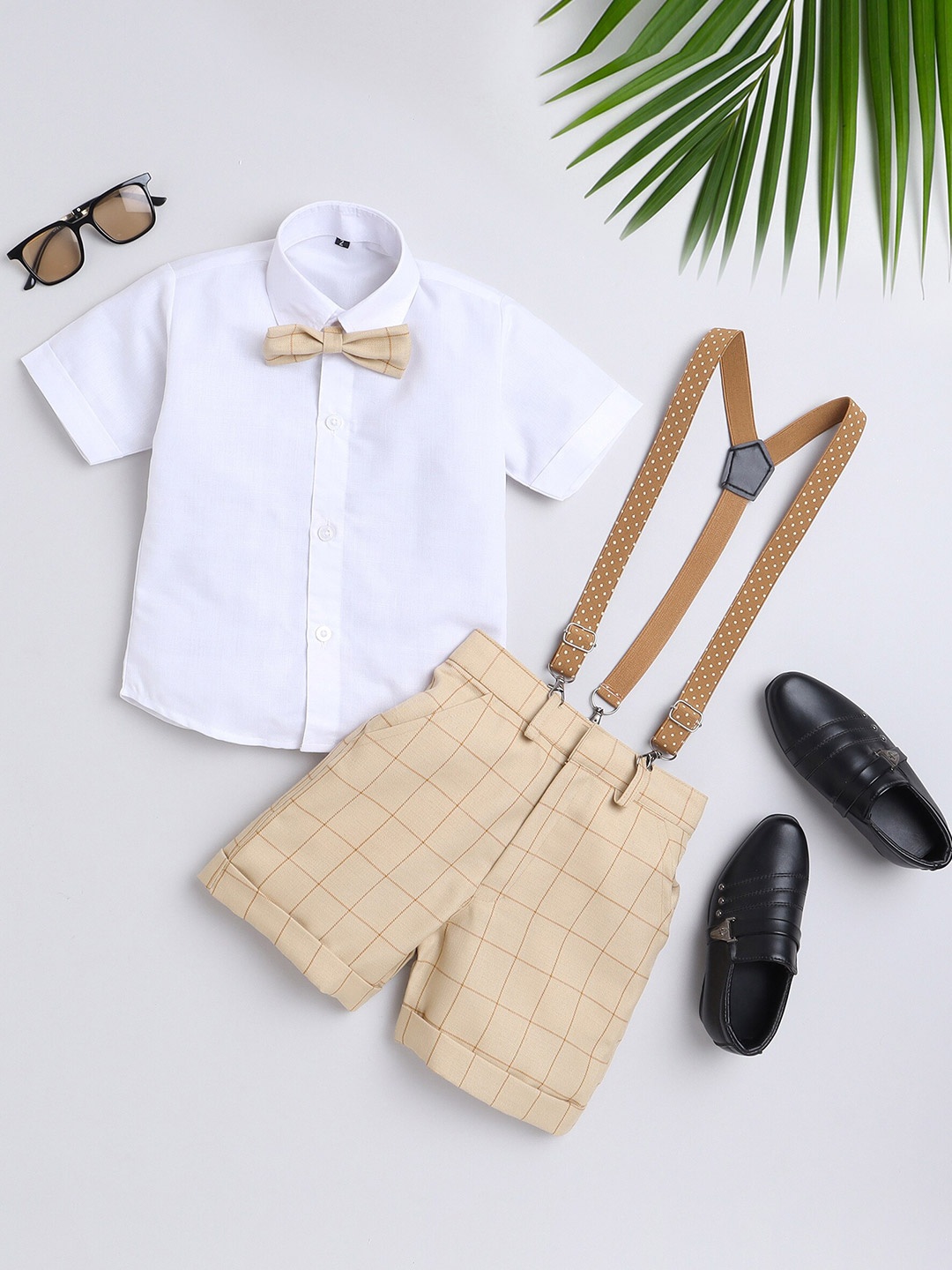 

BAESD Infant Boys Shirt With Checked Shorts & Suspenders, Beige