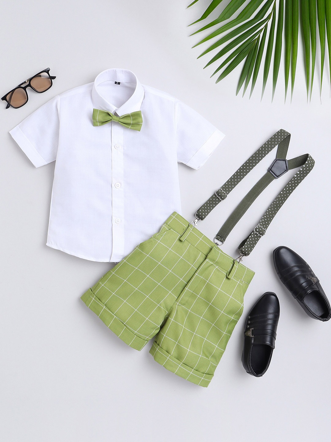 

BAESD Infant Boys Shirt With Checked Shorts & Suspenders, Green