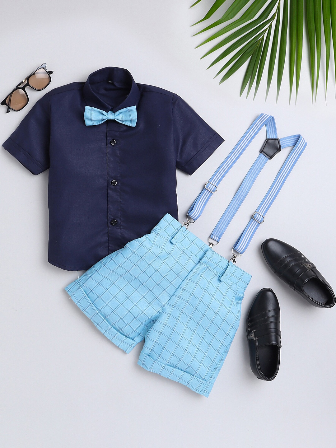 

BAESD Boys Checked Shirt With Trousers Bow & Suspenders, Blue