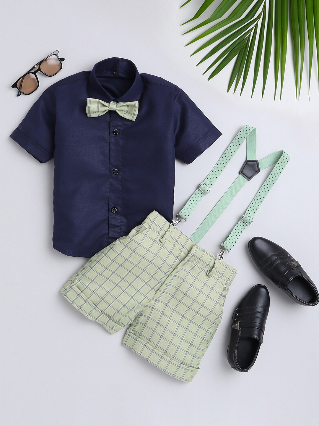 

BAESD Boys Checked Short Sleeves Shirt With Shorts Bow & Suspenders, Green