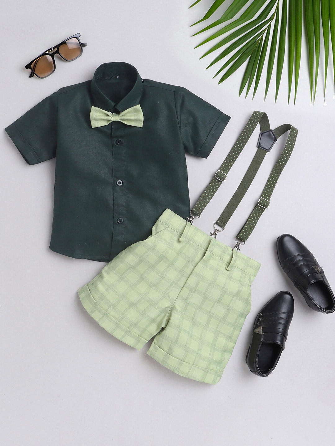 

BAESD Boys Checked Silk Cotton Shirt with Shorts & Suspenders, Green