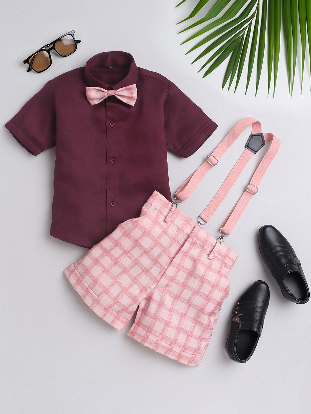 

BAESD Boys Checked Short Sleeves Shirt With Shorts Bow & Suspenders, Peach