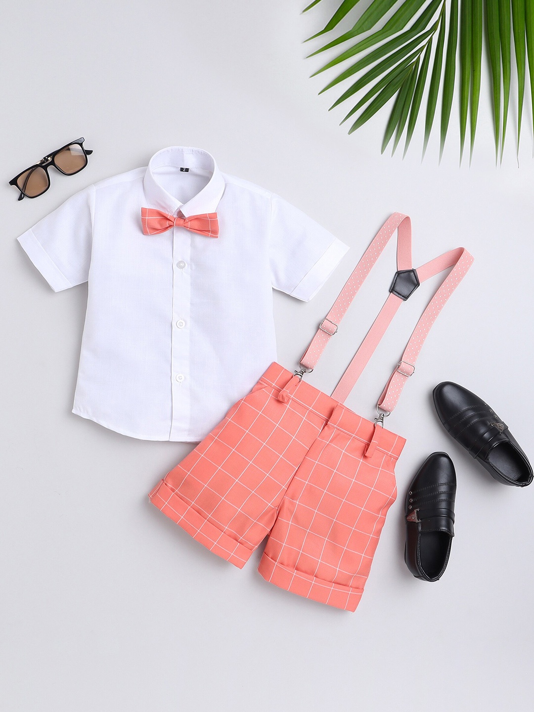 

BAESD Boys Checked Short Sleeves Shirt With Shorts Bow & Suspenders, Peach