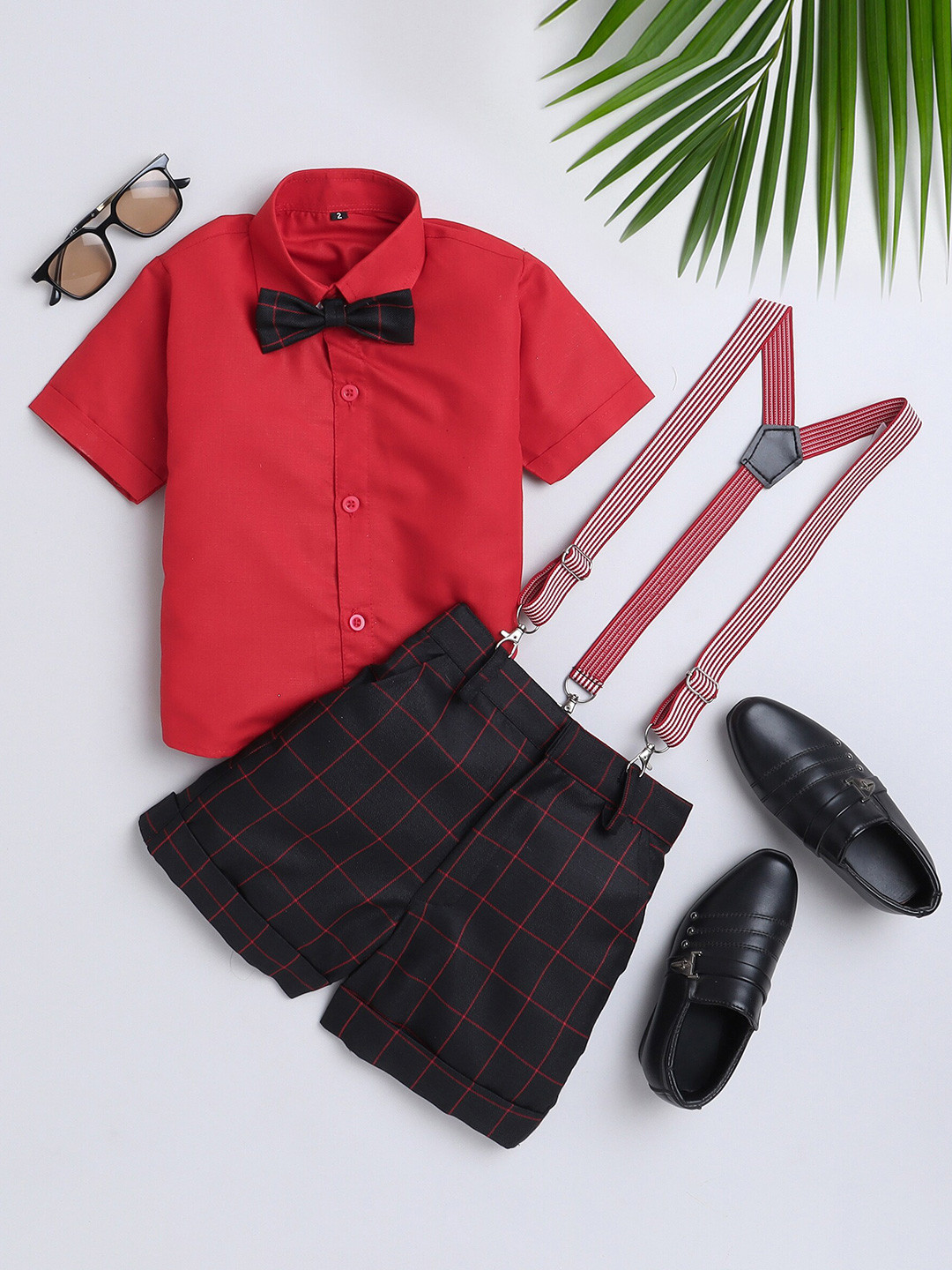 

BAESD Boys Checked Short Sleeves Shirt With Shorts Bow & Suspenders, Black
