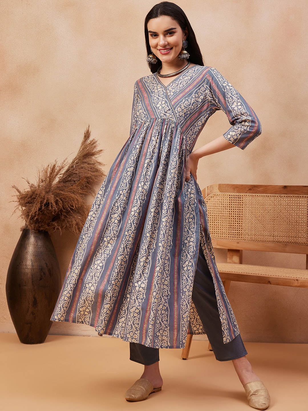

Anouk Ethnic Motifs Printed Empire Chanderi Silk Kurta With Trouser, Grey