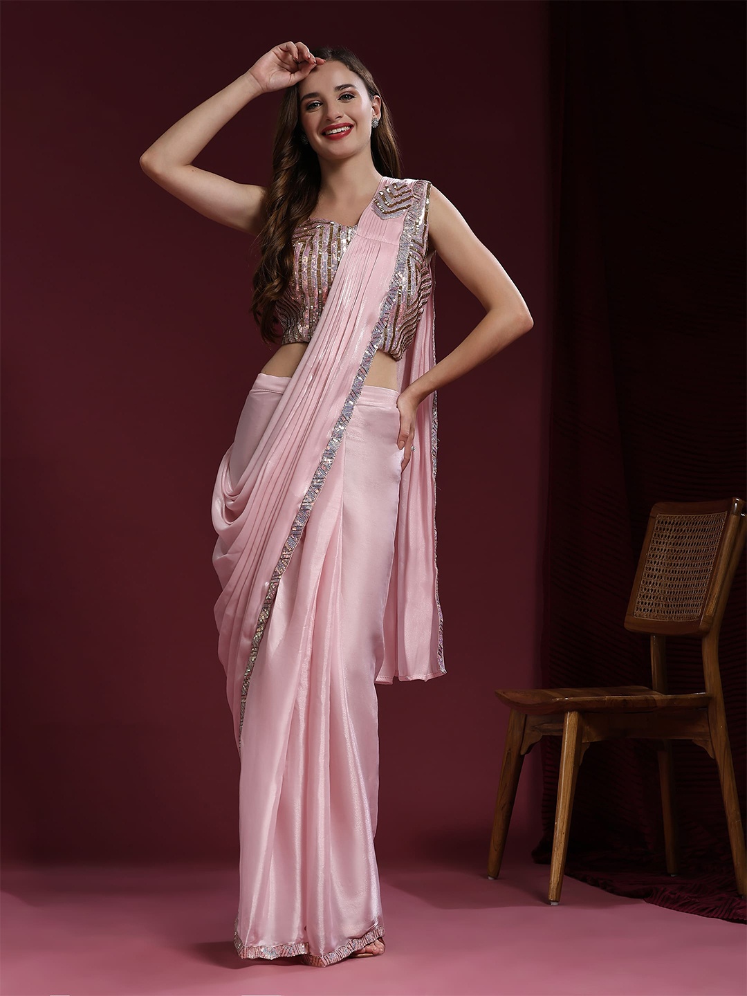 

AMOHA TRENDZ Pure Organza Ready to Wear Saree, Pink