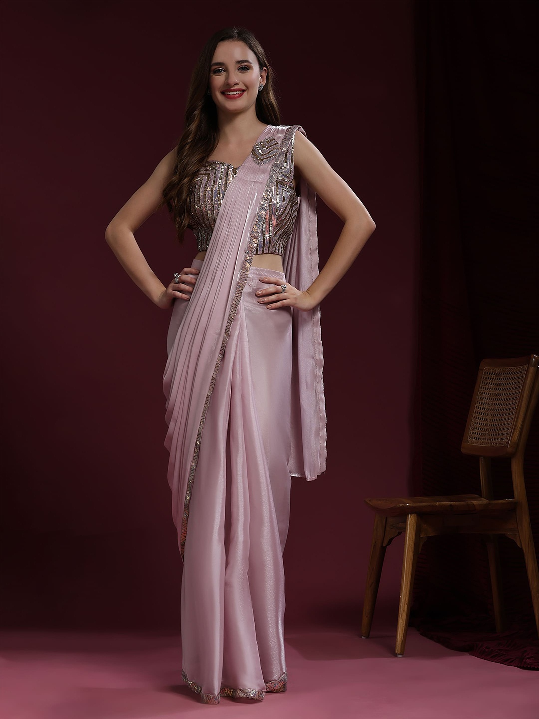 

AMOHA TRENDZ Pure Organza Ready to Wear Saree, Purple
