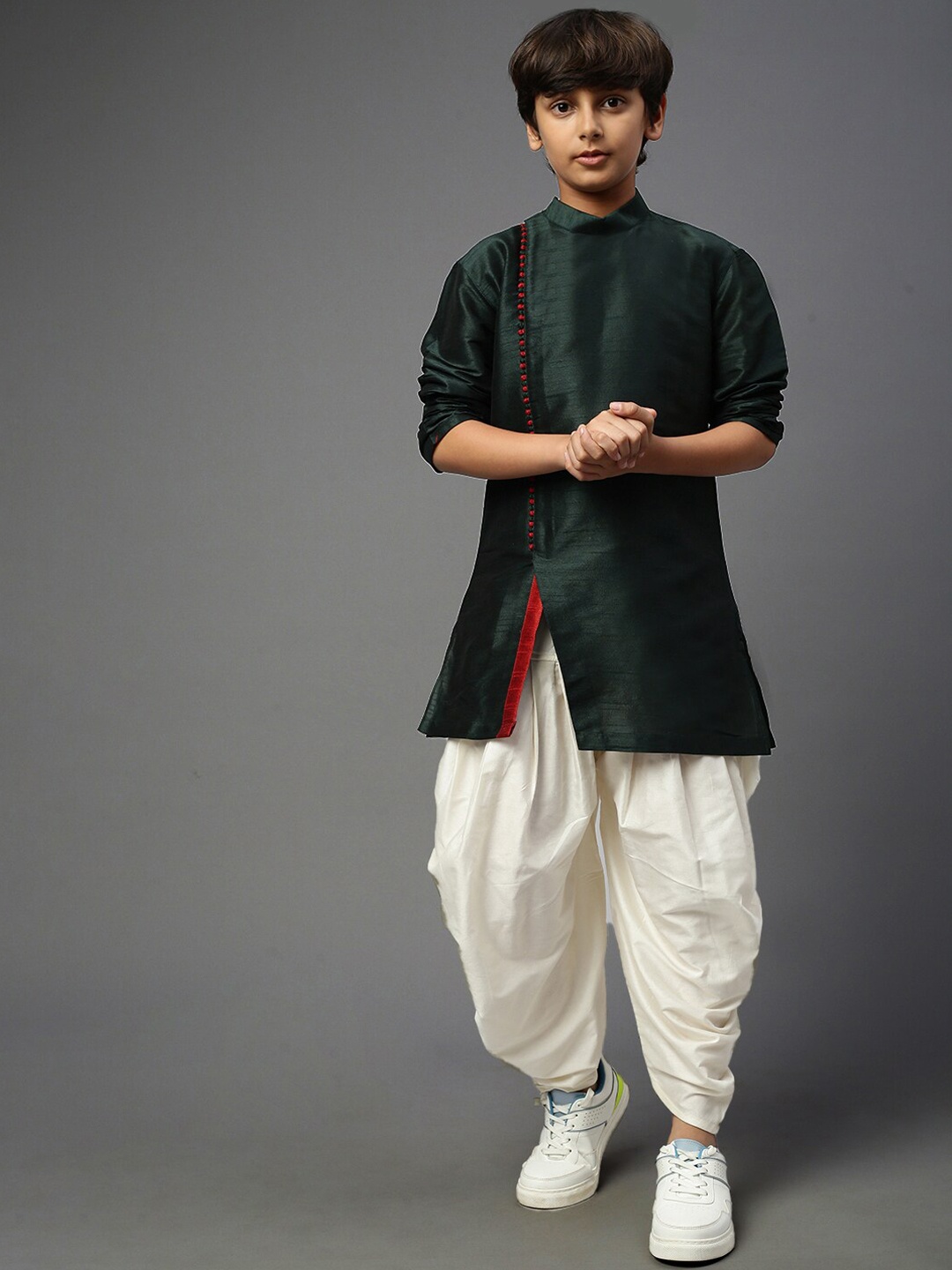 

YK Boys Self Design Mandarin Collar Straight Kurta with Dhoti Pants, Green