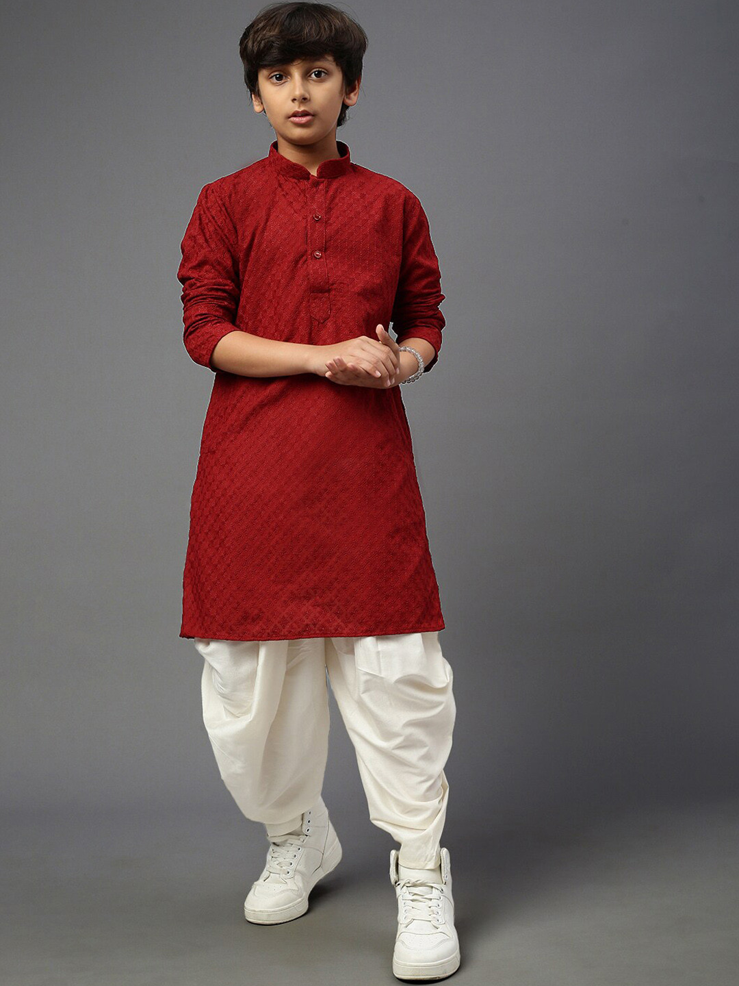 

YK Boys Chikankari Embroidered Mandarin Collar Straight Kurta with Dhoti Pants, Maroon