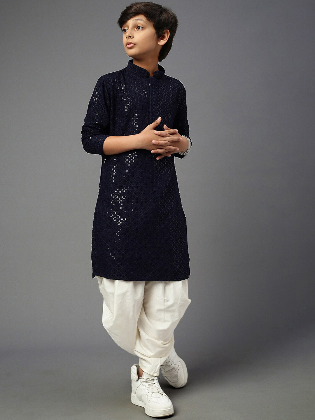 

YK Boys Embroidered Sequinned Mandarin Collar Straight Kurta with Dhoti Pants, Blue