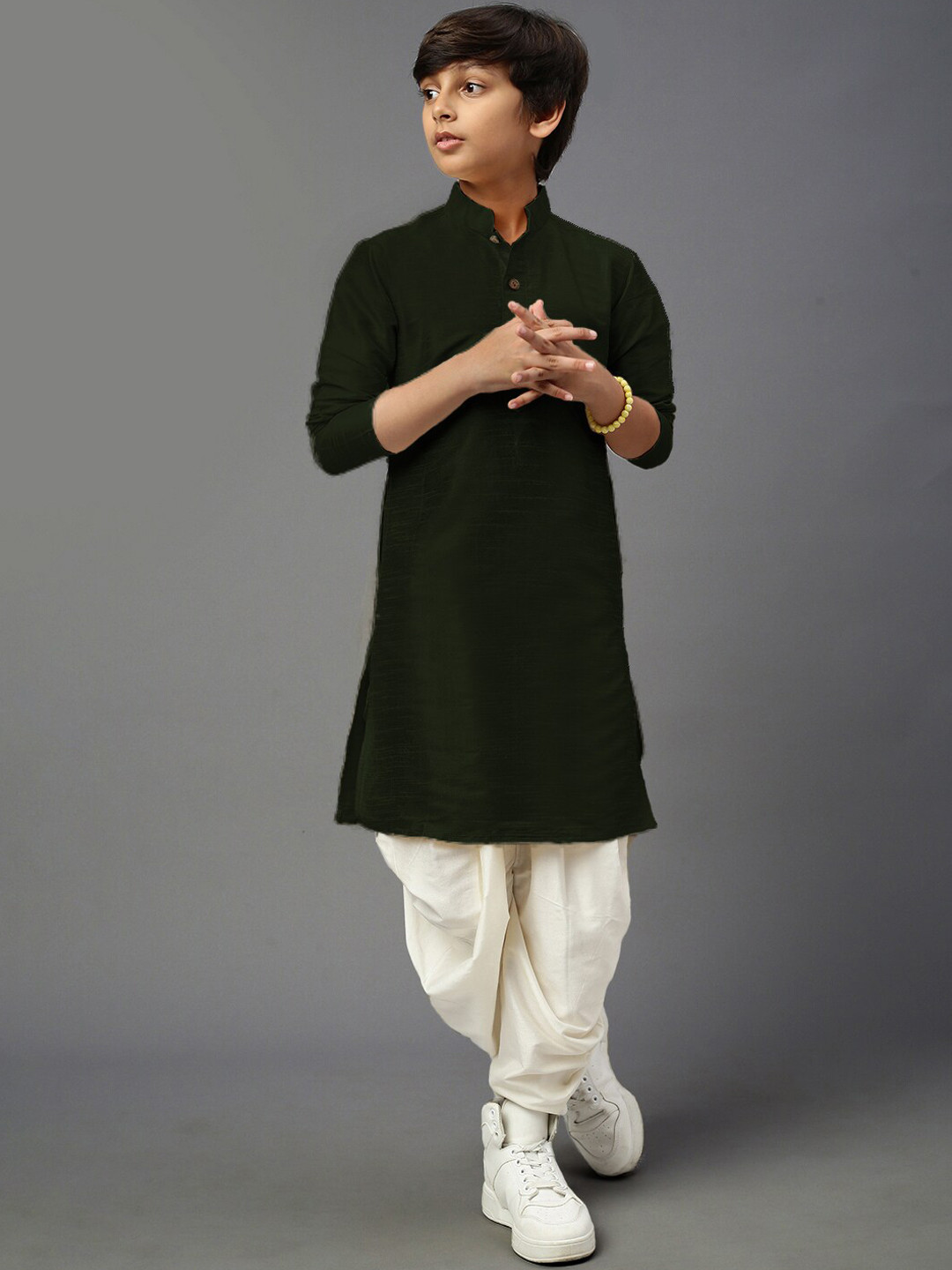 

YK Boys Mandarin Collar Straight Kurta with Dhoti Pants, Green