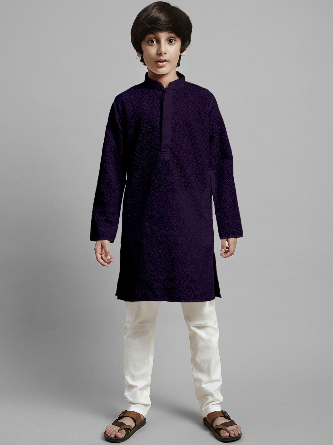 

YK Boys Chikankari Embroidered Mandarin Collar Straight Kurta with Dhoti Pants, Purple