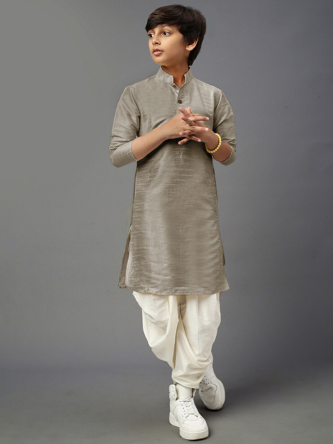 

YK Boys Self Design Mandarin Collar Straight Kurta with Dhoti Pants, Silver