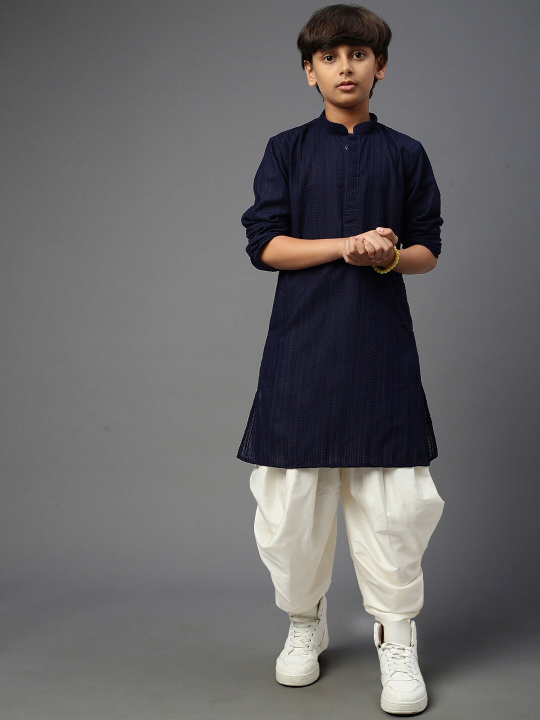 

YK Boys Chikankari Embroidered Straight Kurta with Dhoti Pants, Blue