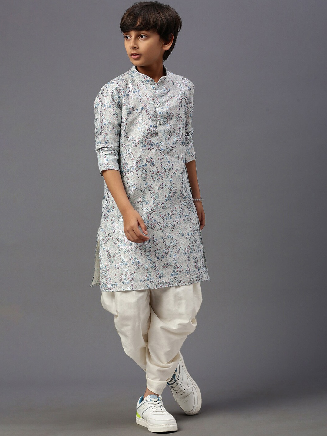

YK Boys Floral Printed Mandarin Collar Kurta with Dhoti Pants, Blue