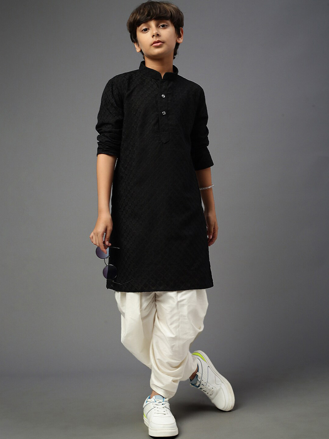 

YK Boys Chikankari Embroidered Mandarin Collar Straight Kurta with Dhoti Pants, Black