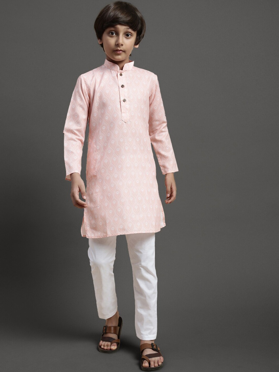 

YK Boys Floral Printed Mandarin Collar Straight Kurta with Pyjamas, Pink