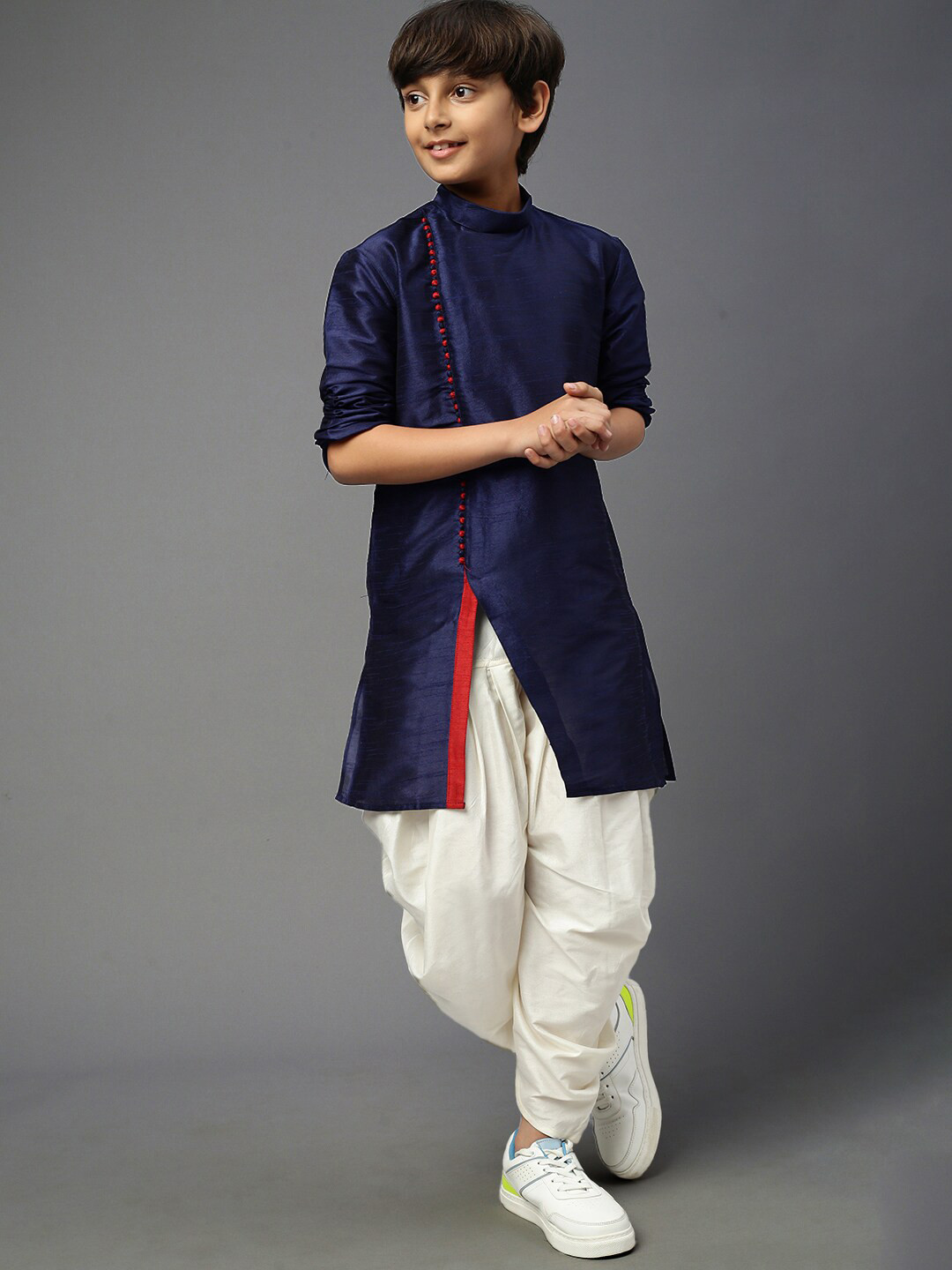 

YK Boys Band Collar Straight Sidecut Anrakha Kurta with Dhoti Pants, Blue