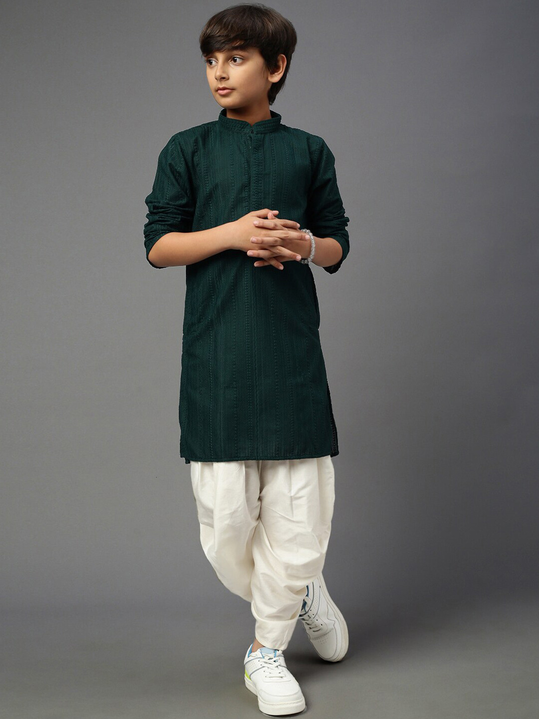 

YK Boys Chikankari Embroidered Straight Kurta with Dhoti Pants, Green