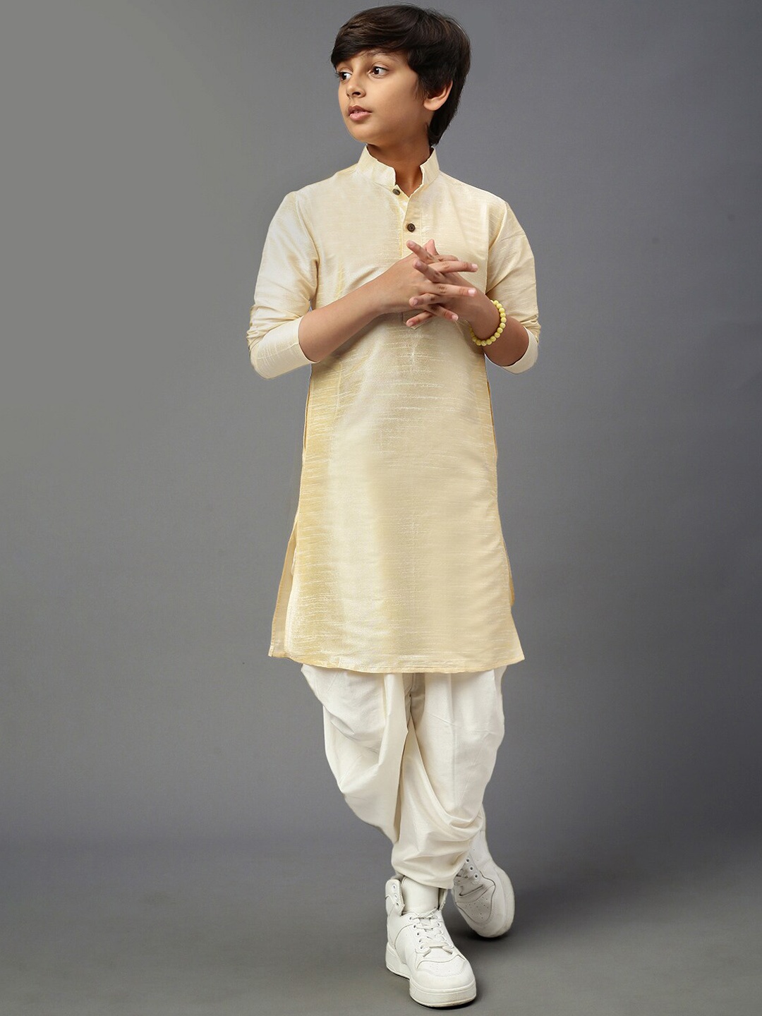 

YK Boys Self Design Mandarin Collar Straight Kurta with Dhoti Pants, Beige