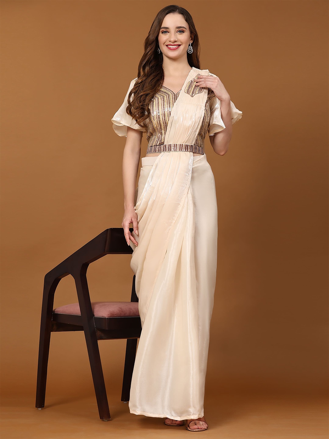 

AMOHA TRENDZ Embroidered Organza Ready To Wear Saree, Cream