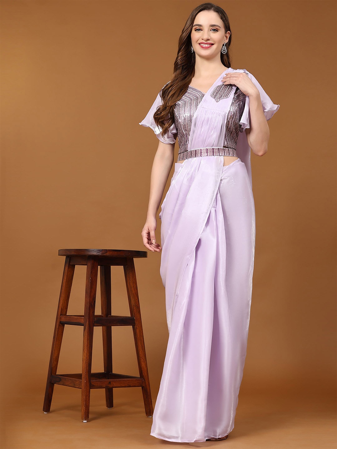 

AMOHA TRENDZ Embroidered Pure Organza Ready to Wear Saree, Purple