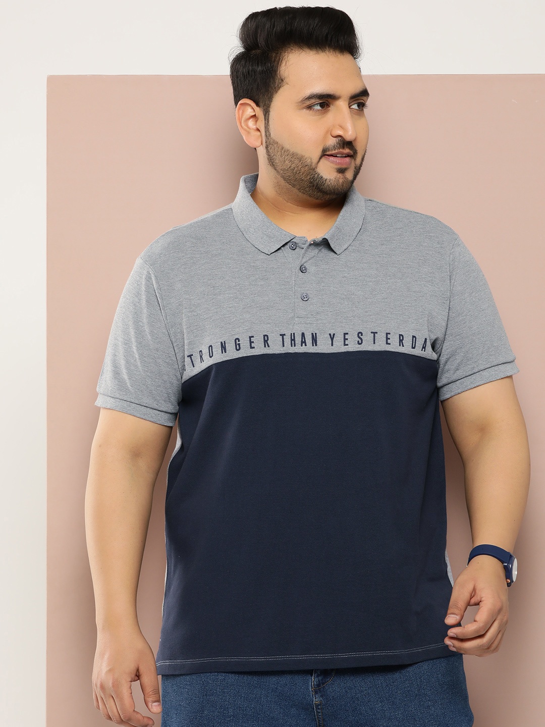 

Sztori Men Plus Size Colourblocked Polo Collar Relaxed Fit T-shirt, Grey melange