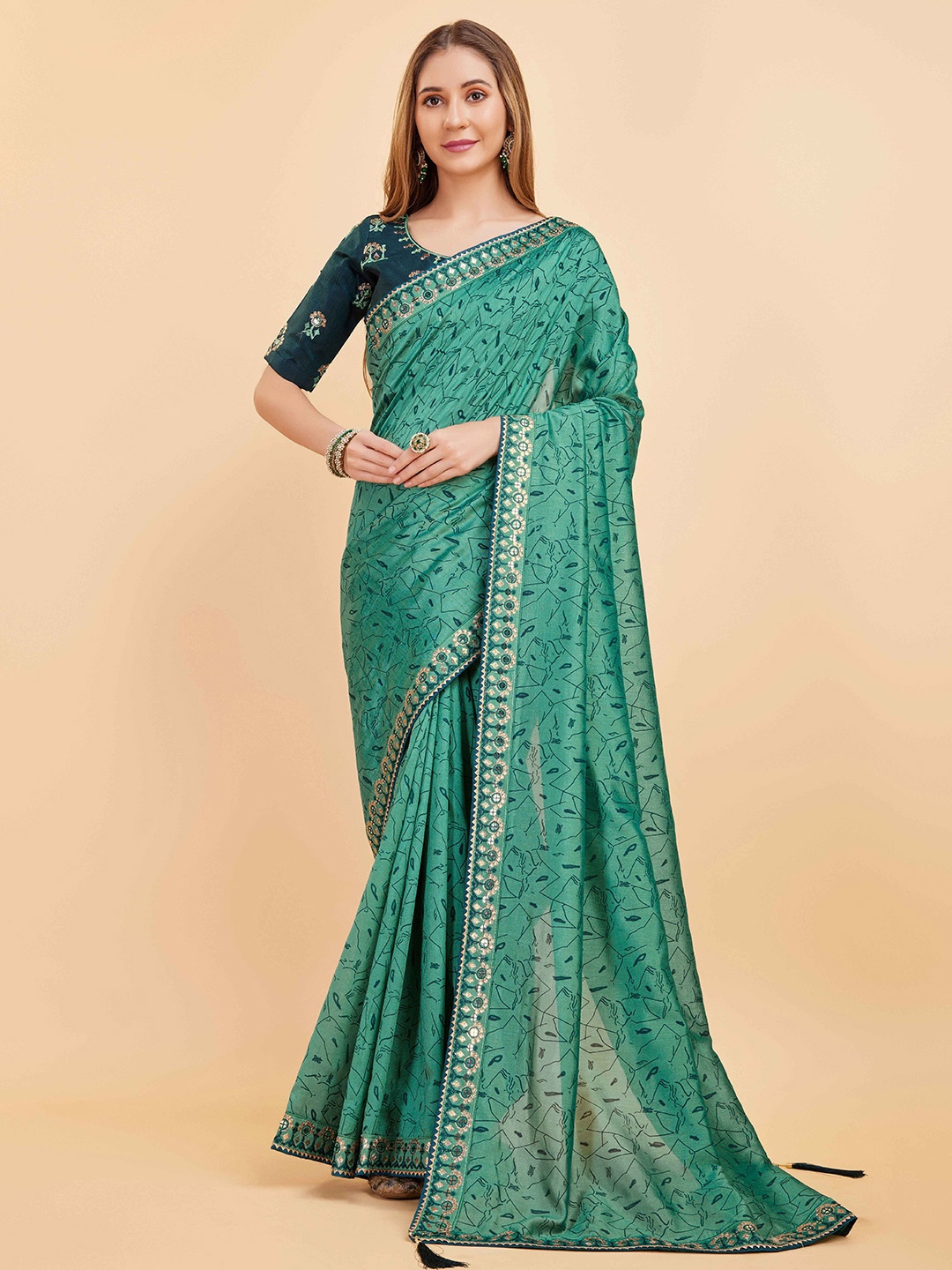 

choiceit Abstract Printed Sequinned Art Silk Mysore Silk Saree, Teal